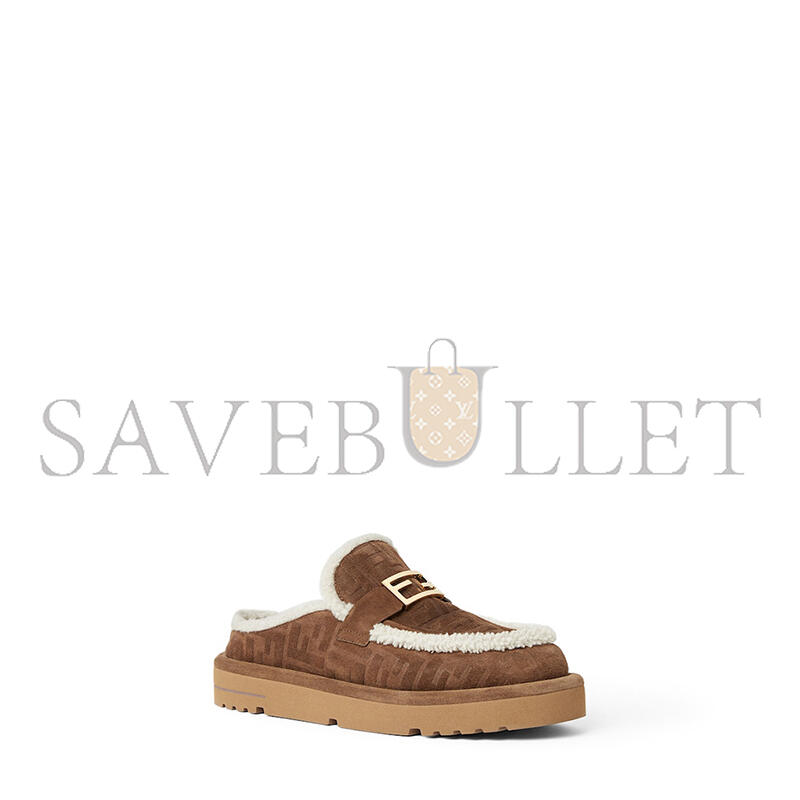 FENDI APRES CHIC BROWN FF SUEDE AND SHEARLING SABOTS 8R8777ASA1F0C23